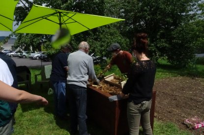 Atelier de remplissage, semis et plantations des bacs surélevés.